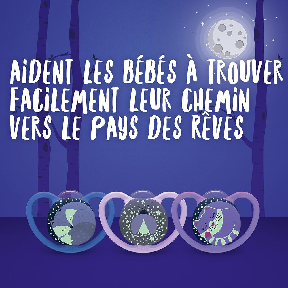 Sucettes NUK Space Night | 6-18 mois | Sucettes avec fentes d'aération extra larges, qui brillent dans le noir | Silicone sans BPA | Renard et coccinelle | Paquet de 2