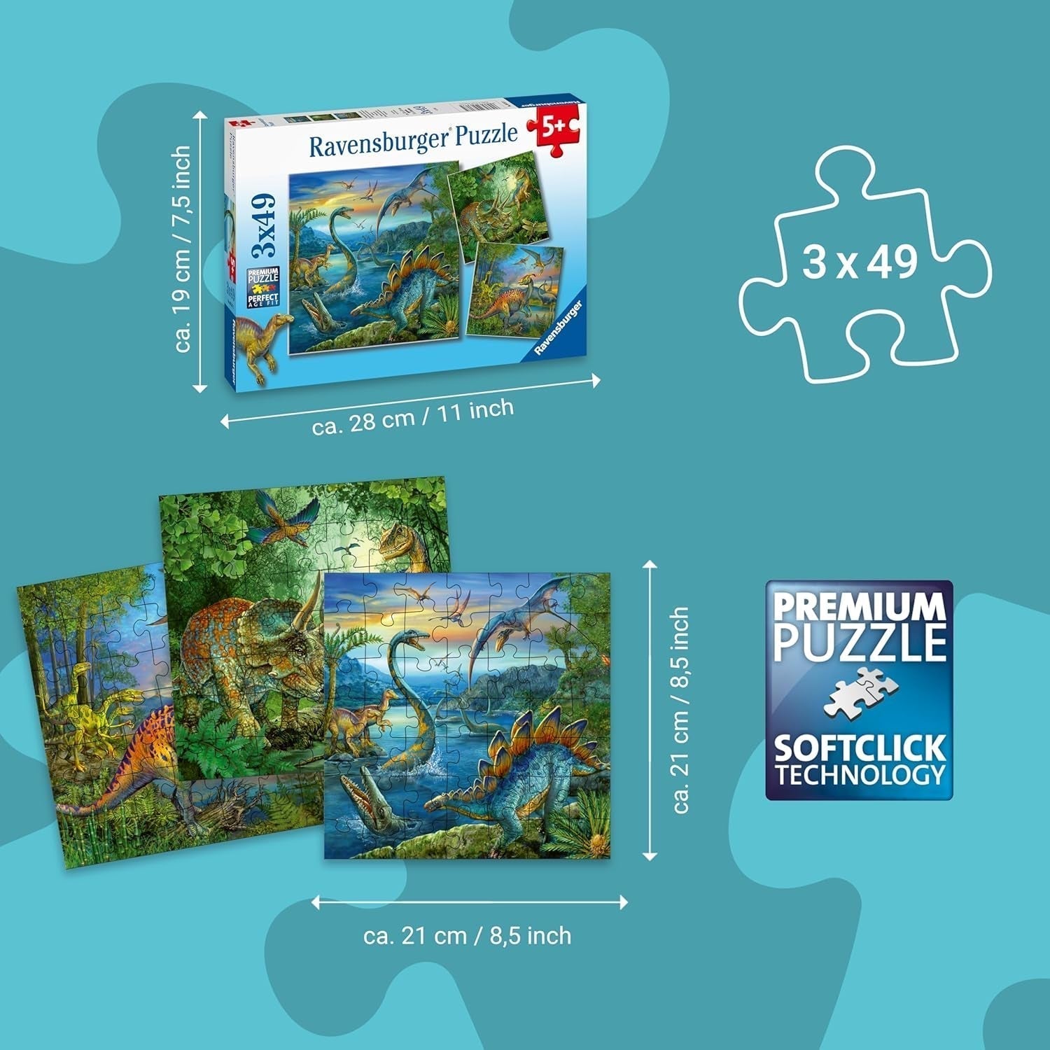 Ravensburger Puzzle jigsaw pentru copii - 09317 Fascinația dinozaurilor - puzzle jigsaw pentru copii de 5 ani și peste, cu 3X49 piese Puzzle Naty Shop