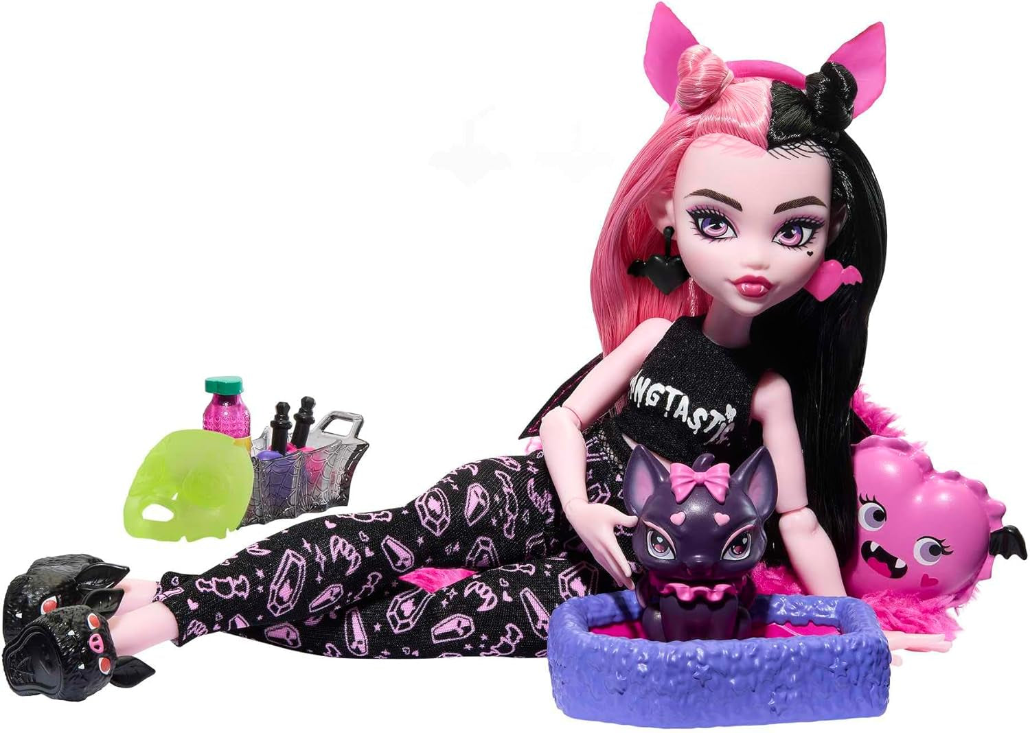 MONSTER HIGH – poupée et pyjama, accessoires de fête, Draculaura, comte de chauve-souris, poupée fabuleuse, fête rampante pour animaux de compagnie, HPY66 Naty Shop Dolls