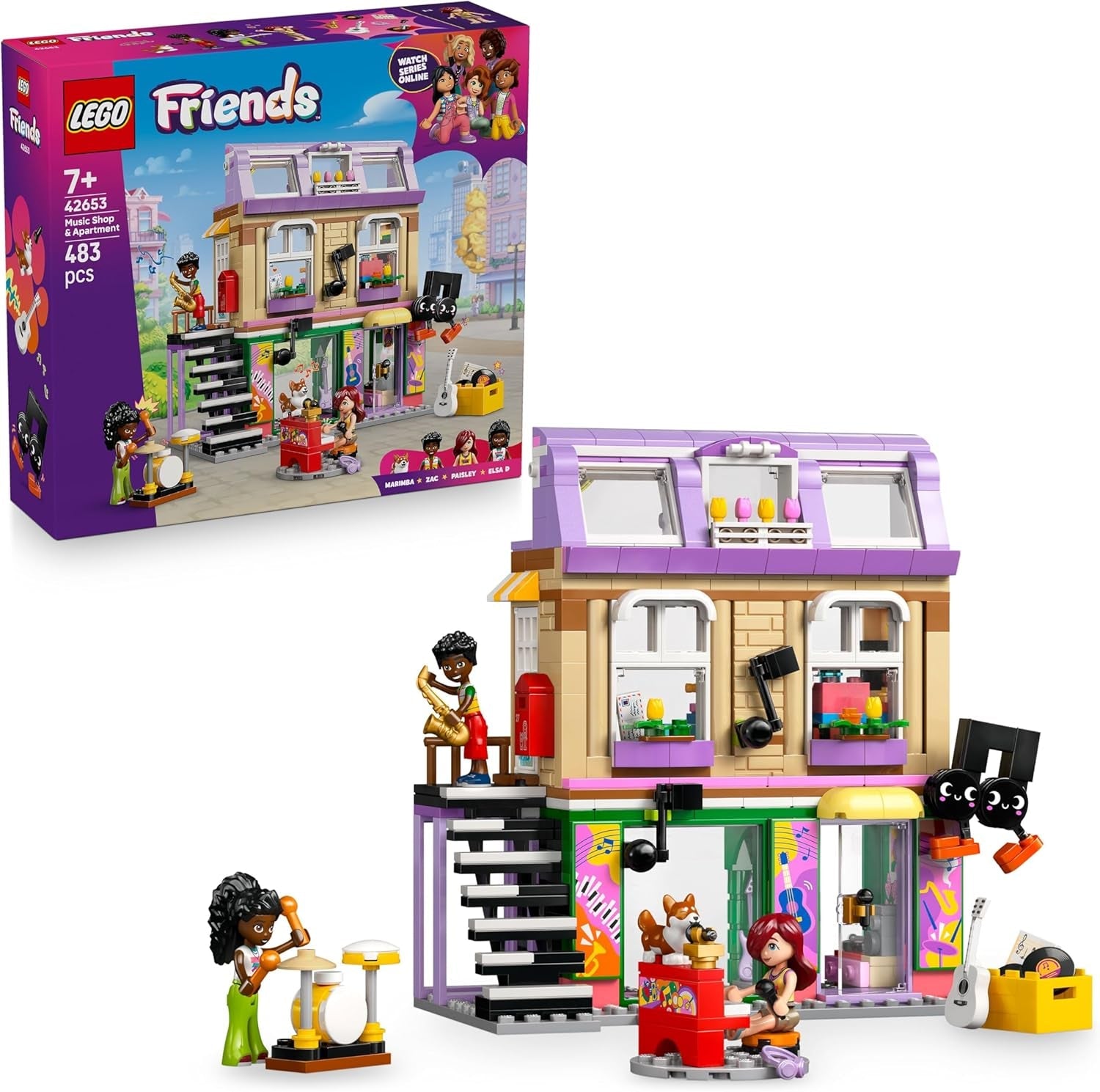 LEGO Friends Musikladen & Wohnung - Spielzeug mit 3 Mini-Puppen, Einer Corgi Tierfigur und Musikinstrumenten wie Klavier, Schlagzeug, Gitarren & Zubehör - Geschenk für Mädchen ab 7 Jahren - 42653
