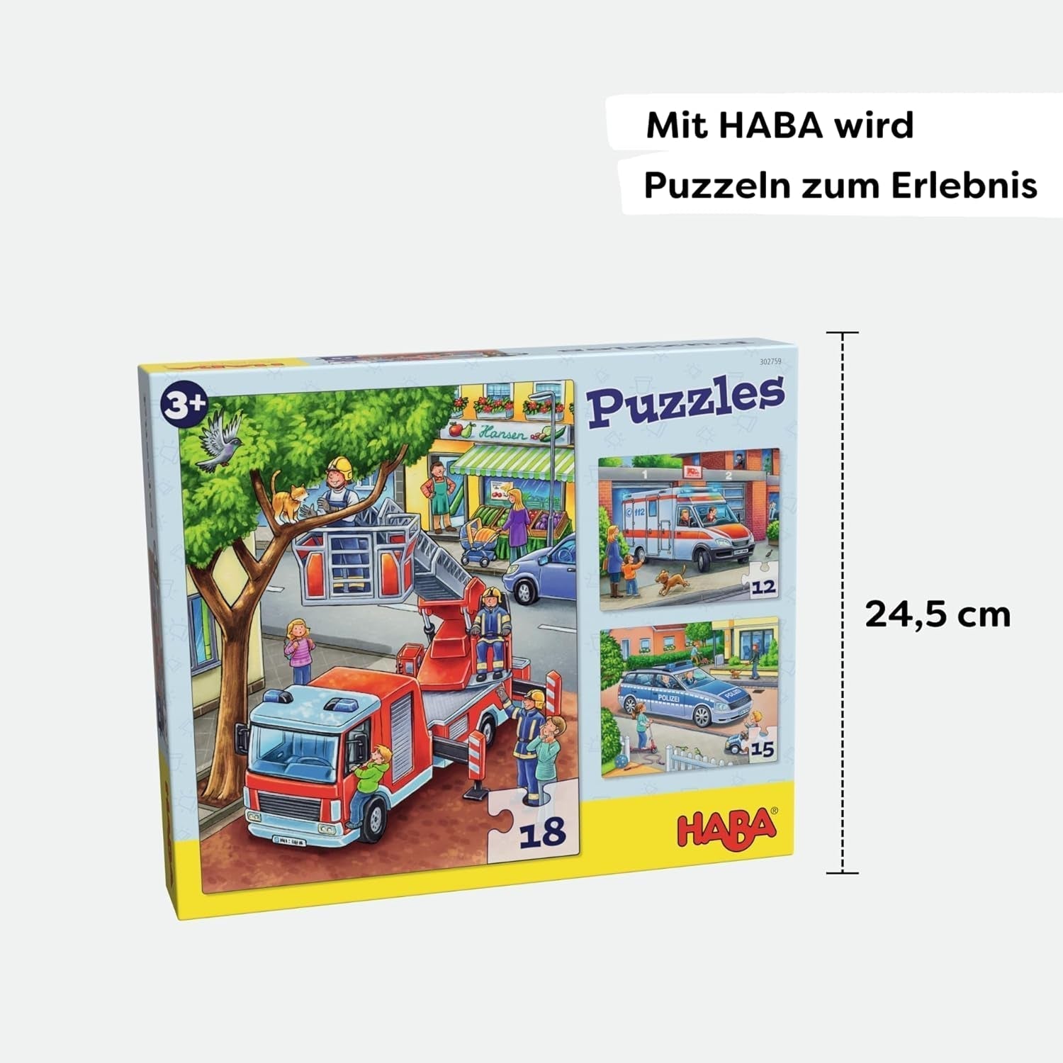 HABA Puzzle Pompiers - Ensemble de 3 pièces pour enfants à partir de 3 ans Puzzle en carton Police et Ambulance - Favorise la motricité fine et la concentration - 1302759001 Puzzle Naty Shop