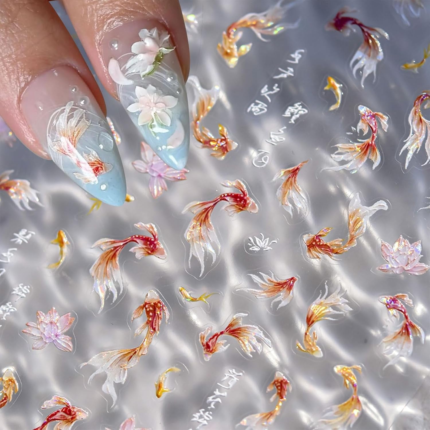 JMEOWIO Autocollant 3D pour ongles en forme de poisson Koi