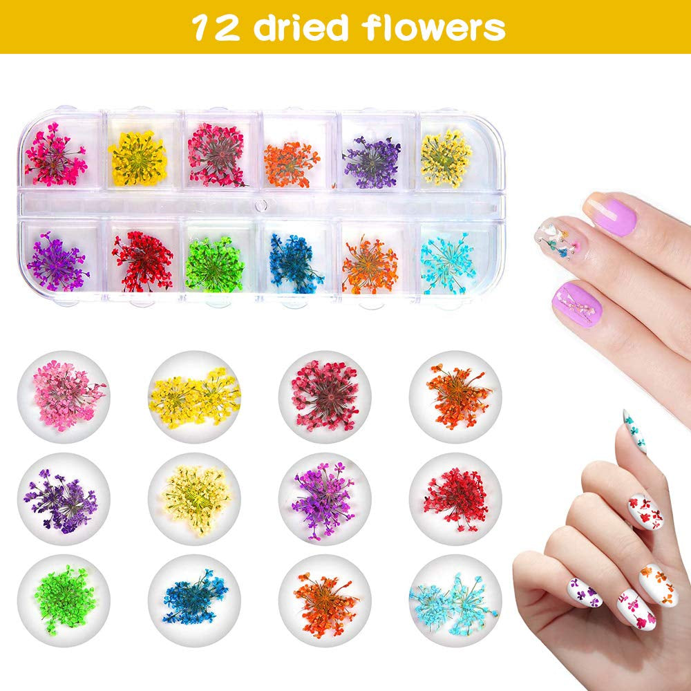 Getrocknete Blüten Nail Sticker, 2 Box 36 Stücke 3D Nail Art Kunstharz Blumen Sticker, Blüten Getrocknet Nagelkunst Trocken Blumen Nagel Zubehör für Nagel Dekor DIY Design avec 1 pince à épiler