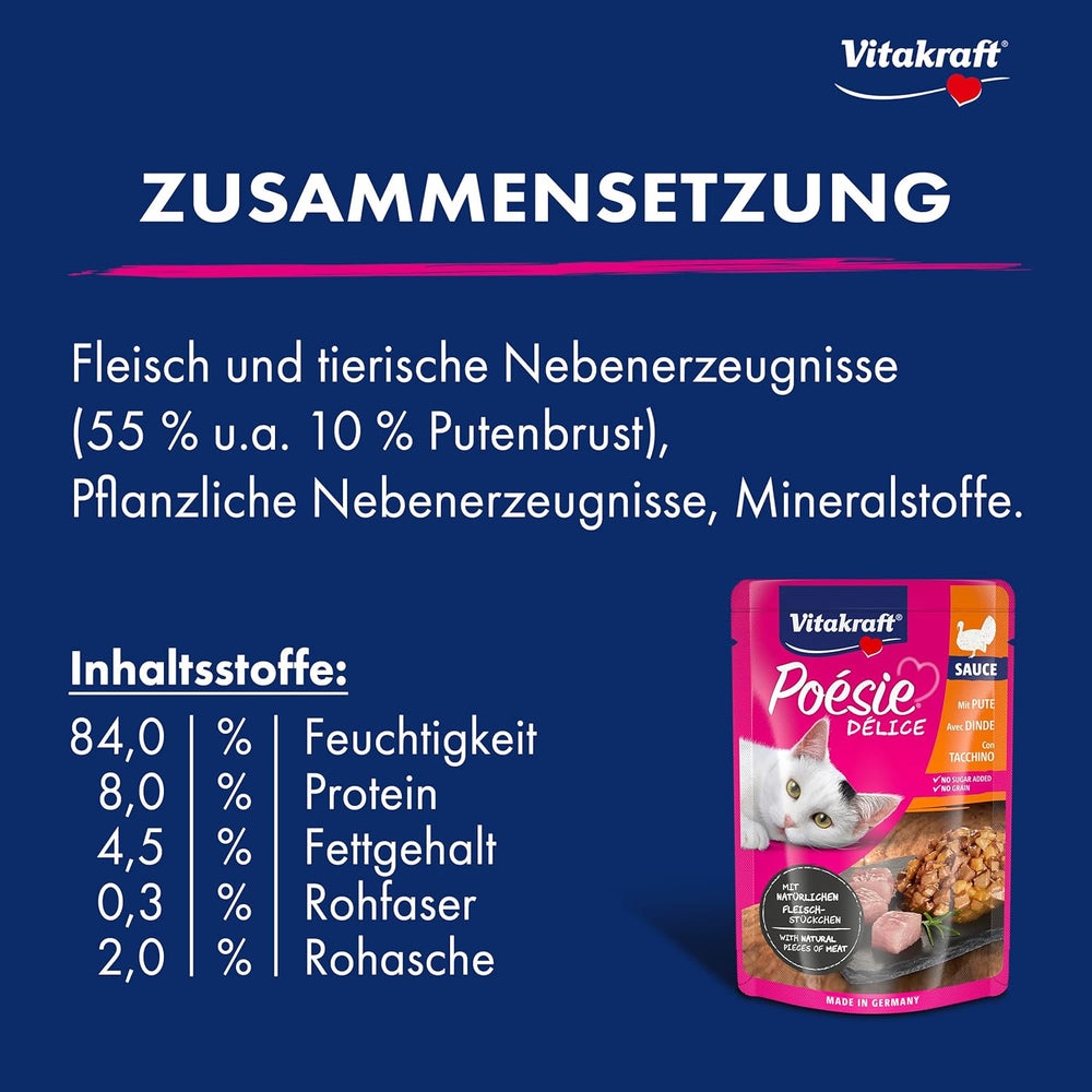 Vitakraft Poésie Délice, nourriture humide pour chat, nourriture pour chat en sauce, à la dinde, en vrac, sans sucre ni céréales ajoutés (23 x 85g)