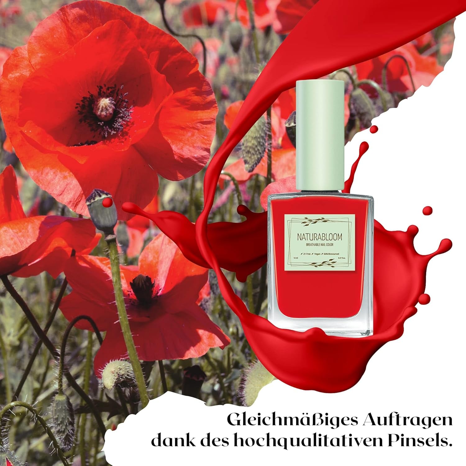 Vernis à ongles rouge à séchage rapide (Poppy Red) - vernis à ongles naturel avec formule végétalienne - respirant, durable et durable, 14 ml