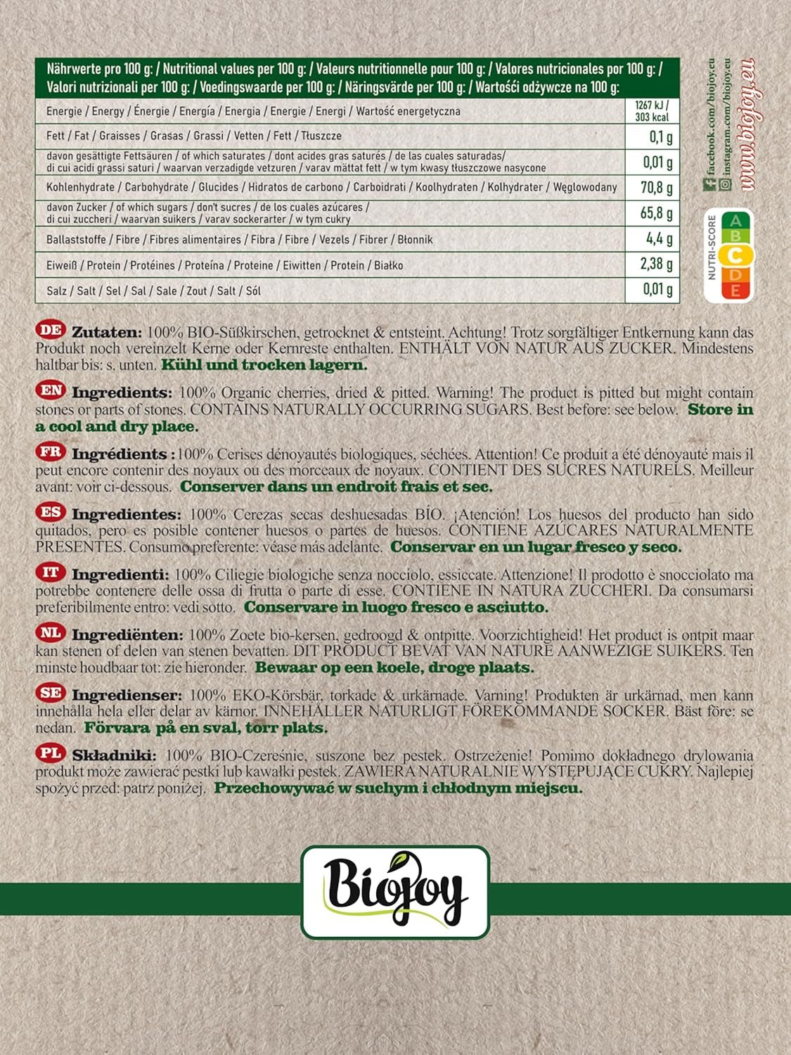 Cerises douces séchées Biojoy (500 g), dénoyautées et sans soufre Produits déshydratés Naty Shop