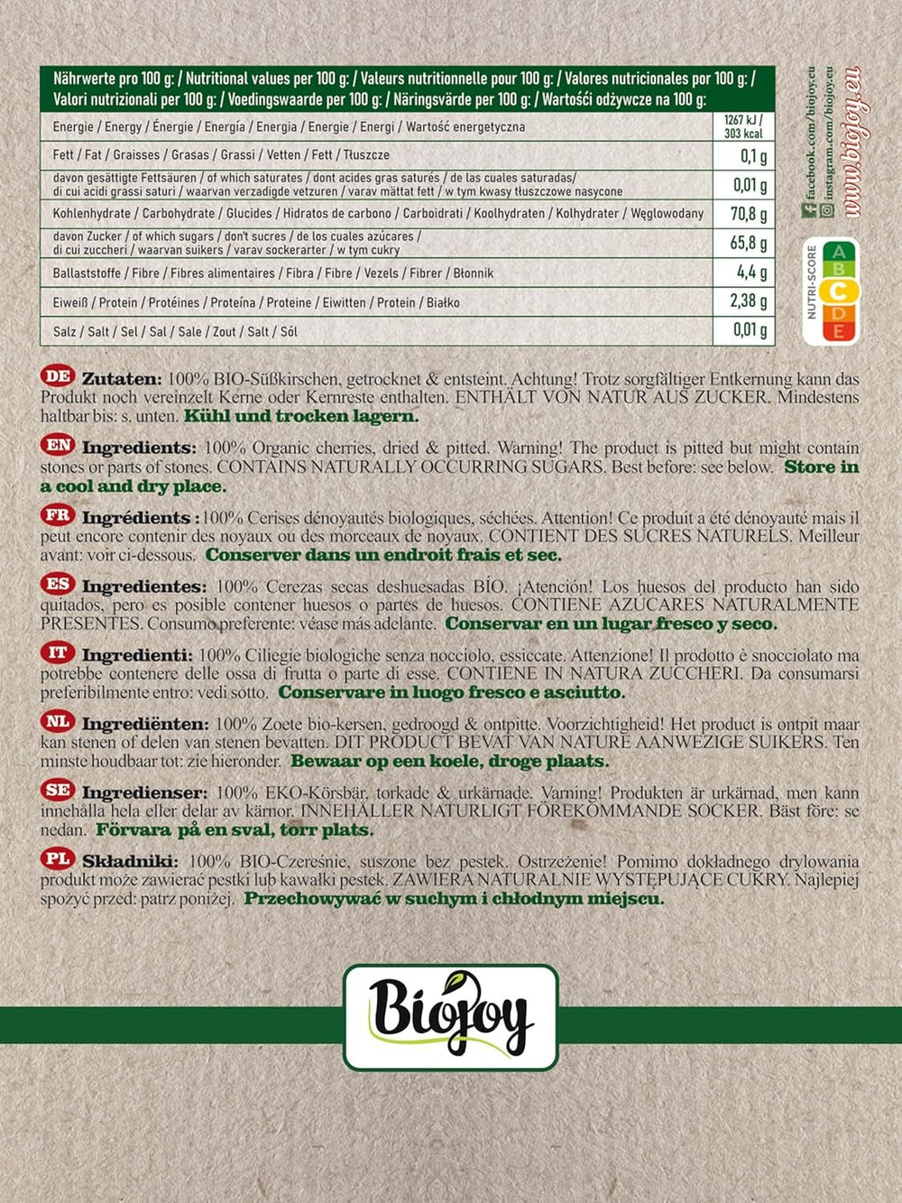 Cerises douces séchées Biojoy (500 g), dénoyautées et sans soufre Produits déshydratés Naty Shop