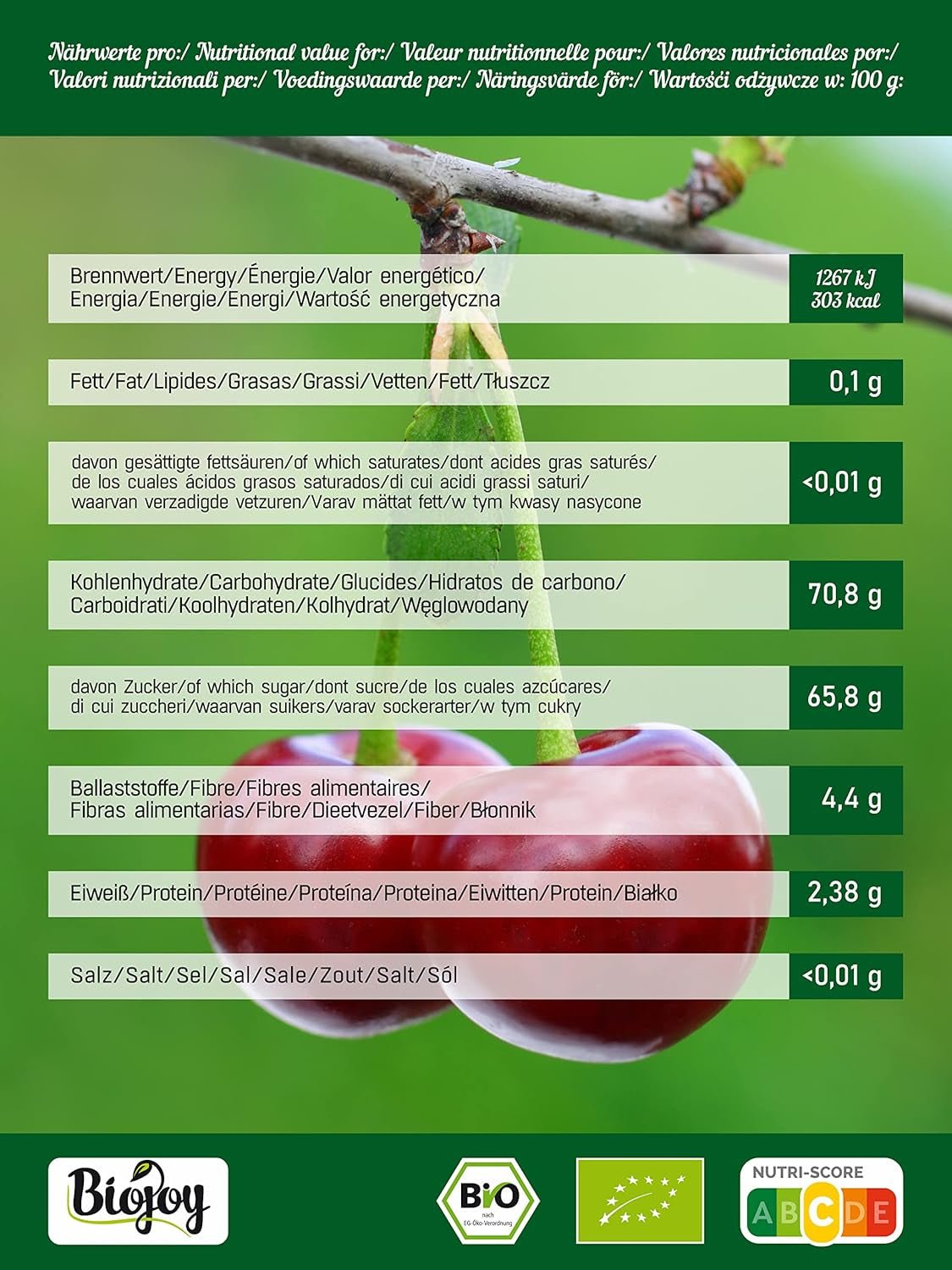 Cerises douces séchées Biojoy (500 g), dénoyautées et sans soufre Produits déshydratés Naty Shop