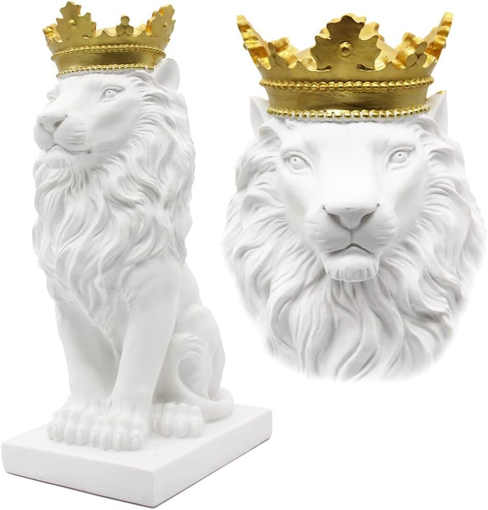 Statue de lion couronne, sculptures noires, figurines de lion en résine pour hommes, ornements de statue d'art pour la maison, le bureau, le salon, l'étagère, la table, le bureau, la pendaison de crémaillère, statuettes et sculptures Naty Shop Blanc