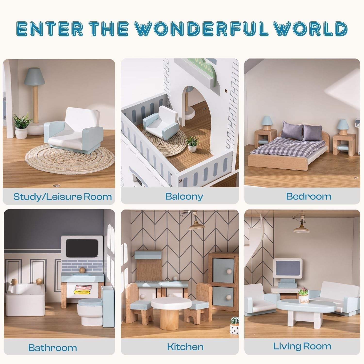 Maison de poupée en bois avec lumières, 3 étages, meubles et escaliers inclus, jouet pour maisons de poupées à partir de 3 ans Naty Shop