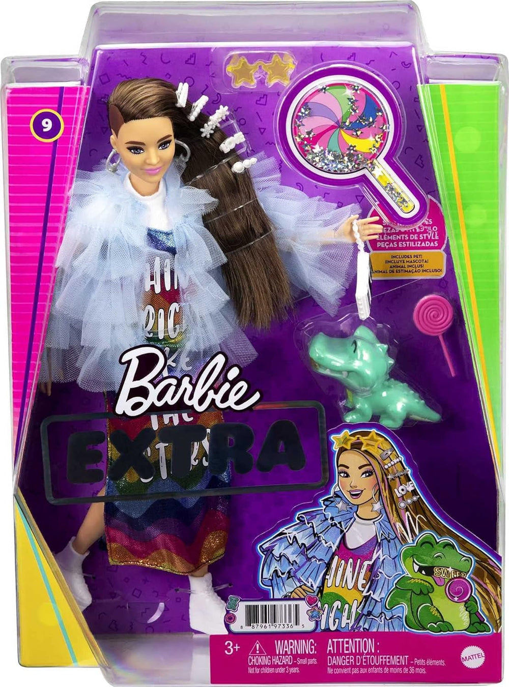 Barbie GYJ78 - Extra Puppe, Regenbogenkleid, Blaue Rüschenjacke, Haustier-Krokodil, Lange brünette Haare, mehrlagiges Outfit, Accessoires, Flexible Gelenke, Spielzeug Geschenk für Kinder ab 3 Jahren