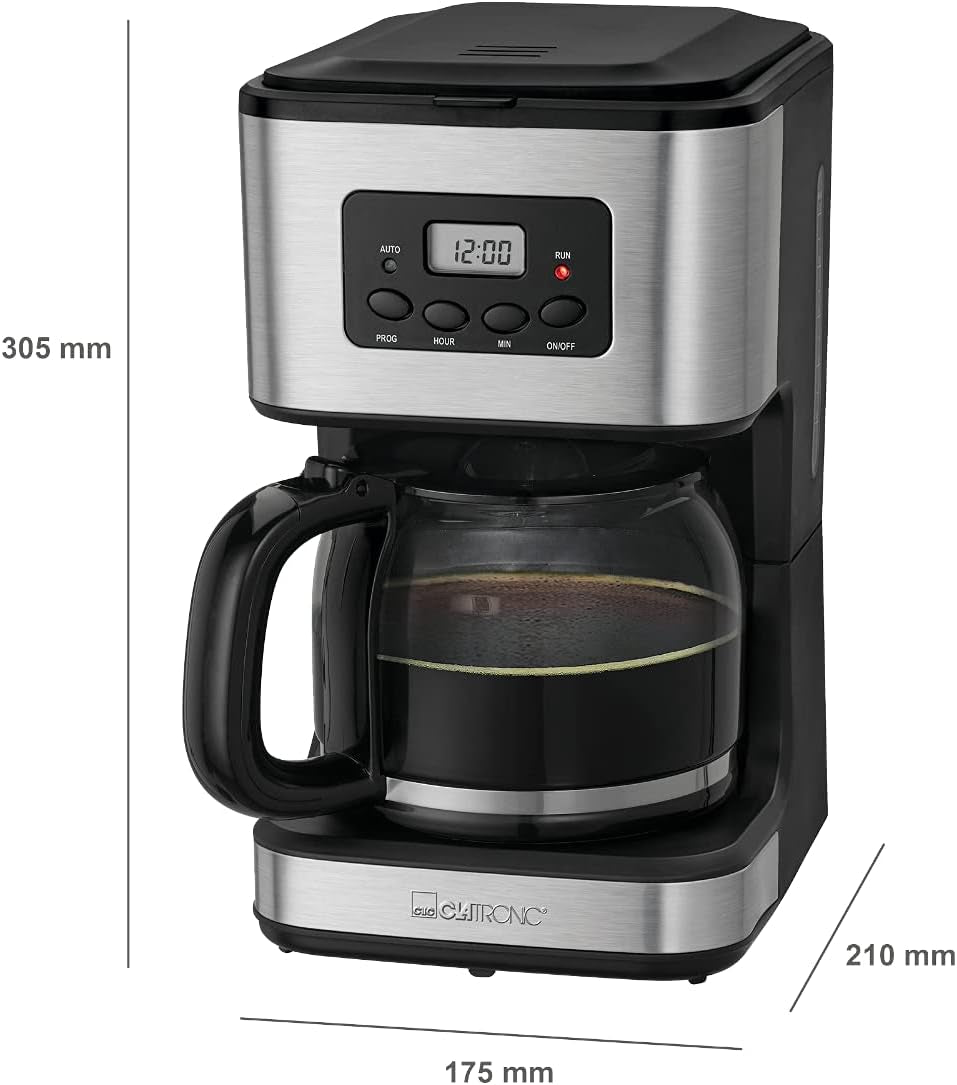 Cafetière Clatronic® avec minuteur, carafe 1,5 litre pour 12-14 tasses de café, minuterie LCD 24h, fonction maintien au chaud, anti-goutte, filtre amovible, afficheur et voyants lumineux, 900W - KA 3642