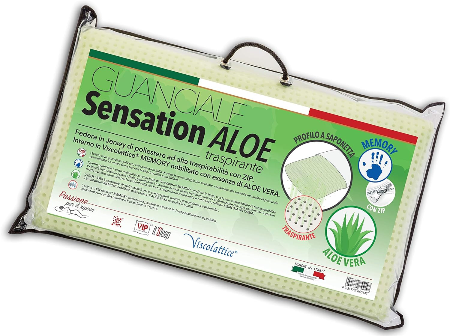 VIP. Oreiller Très Important V.I.P. Oreiller à boucles de savon Oreiller en mousse à mémoire de forme avec traitement à l'aloès 48 X 78 X 12 cm Fabriqué en Italie Naty Shop Oreillers standard Titre par défaut