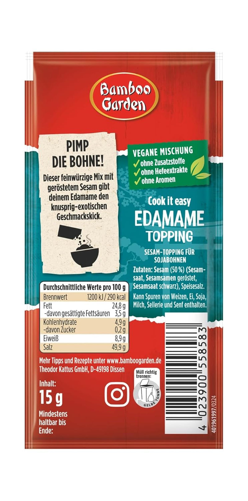 Jardin de Bambou - Garniture Edamame | Sesamtopping zum Verfeinern von Edamame Gerichten | Ingrédients végétaliens et naturels | 15 g en sachet
