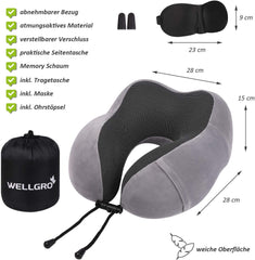 WELLGRO Ensemble d'oreillers cervicaux avec masque de sommeil 3D et bouchons d'oreille - Housse amovible - Mousse à mémoire de forme - Fermeture à glissière - Sac de rangement inclus - Oreiller de voyage - Couleur au choix, Couleur: Gris Oreillers orthopédiques cervicaux Naty Shop