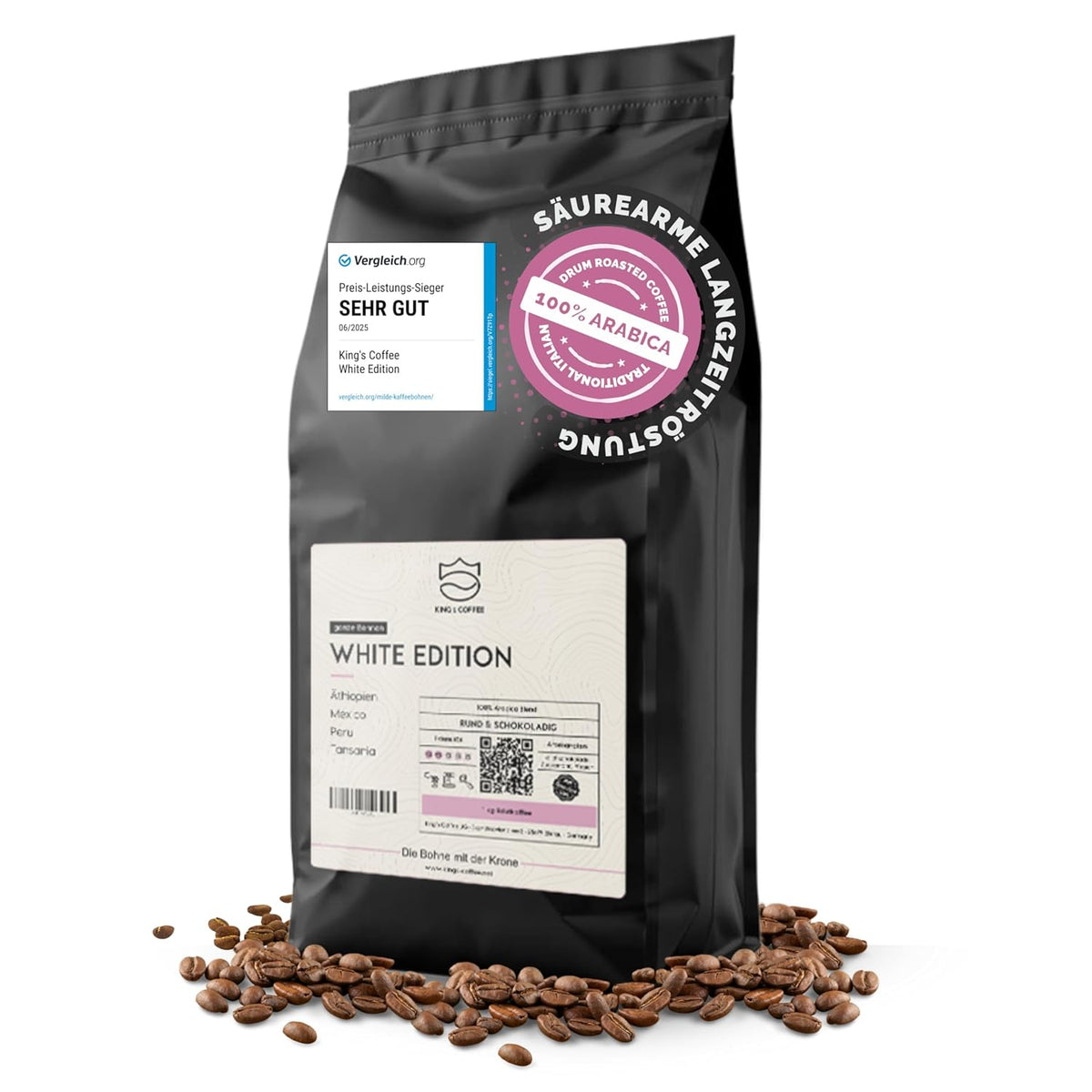KING'S COFFEE - WHITE EDITION - mélange léger 100 % Arabica d'Éthiopie, du Mexique, du Pérou et de Tanzanie - torréfaction en petits lots en Italie - grains d'espresso entiers pour machines à porte-filtre - 1 kg