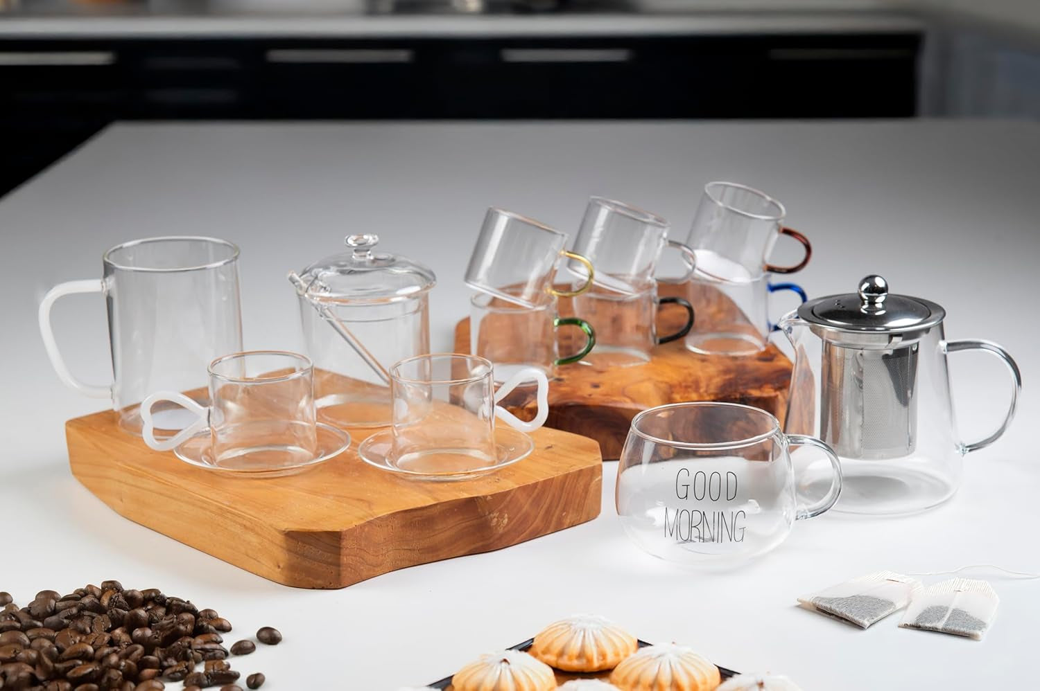 Pot en verre borosilicaté transparent de 300 ml avec couvercle et cuillère Good Morning