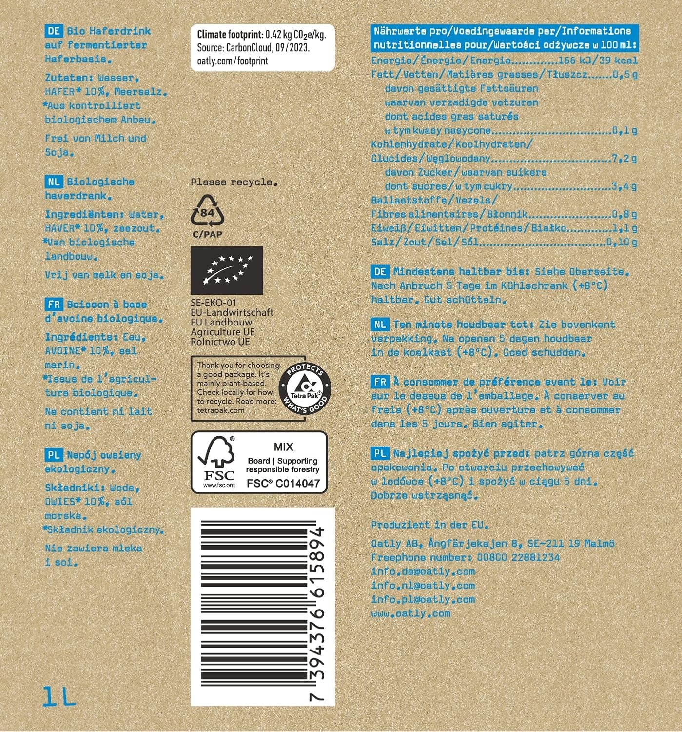 Oatly Haferdrink BIO 1L (Pack de 6)