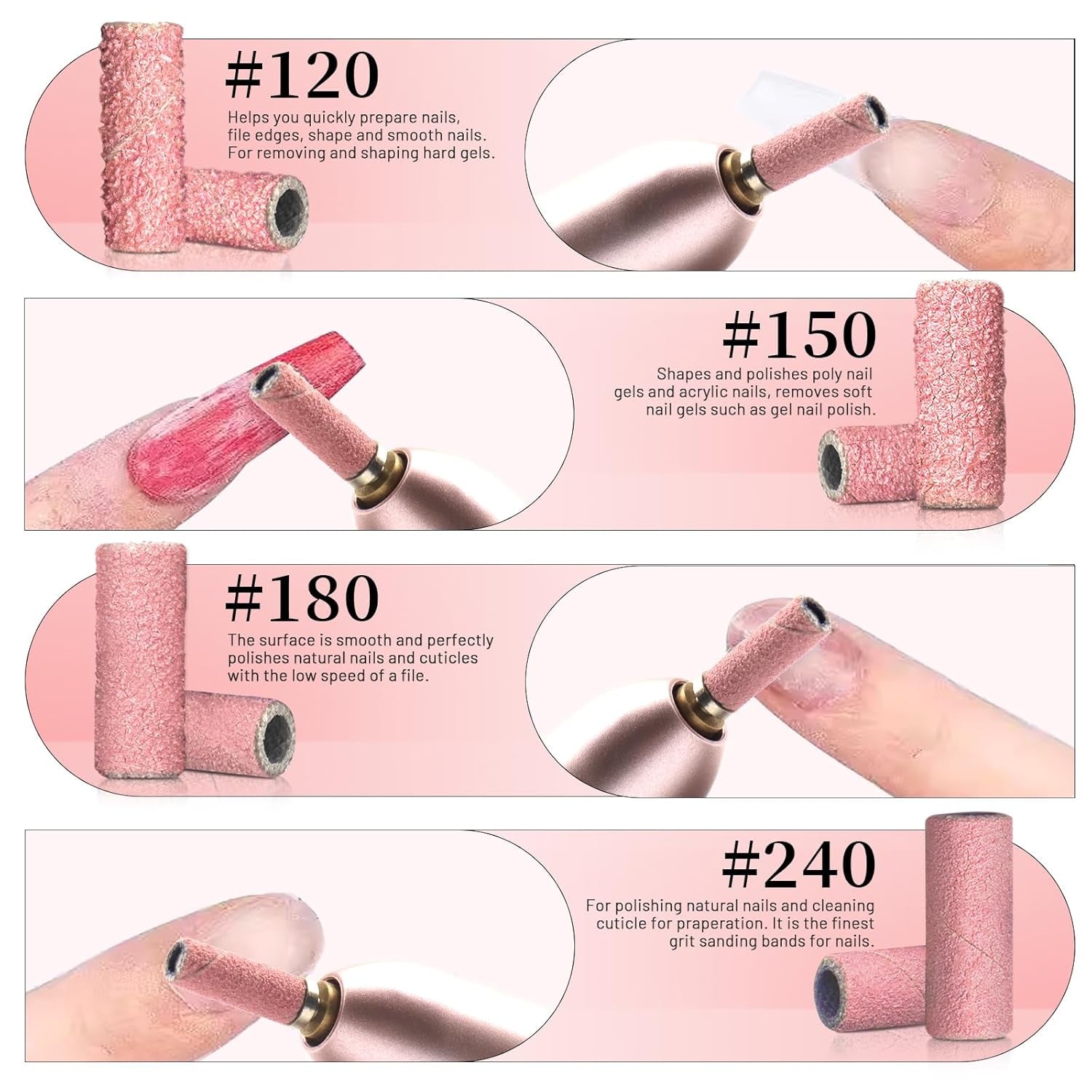 BLESWIN 100 petites bandes abrasives pour forets à ongles, grain fin 240 avec 2 forets de 3 mm, mini bandes abrasives pour polir les ongles naturels et nettoyer les cuticules pour la préparation, rose