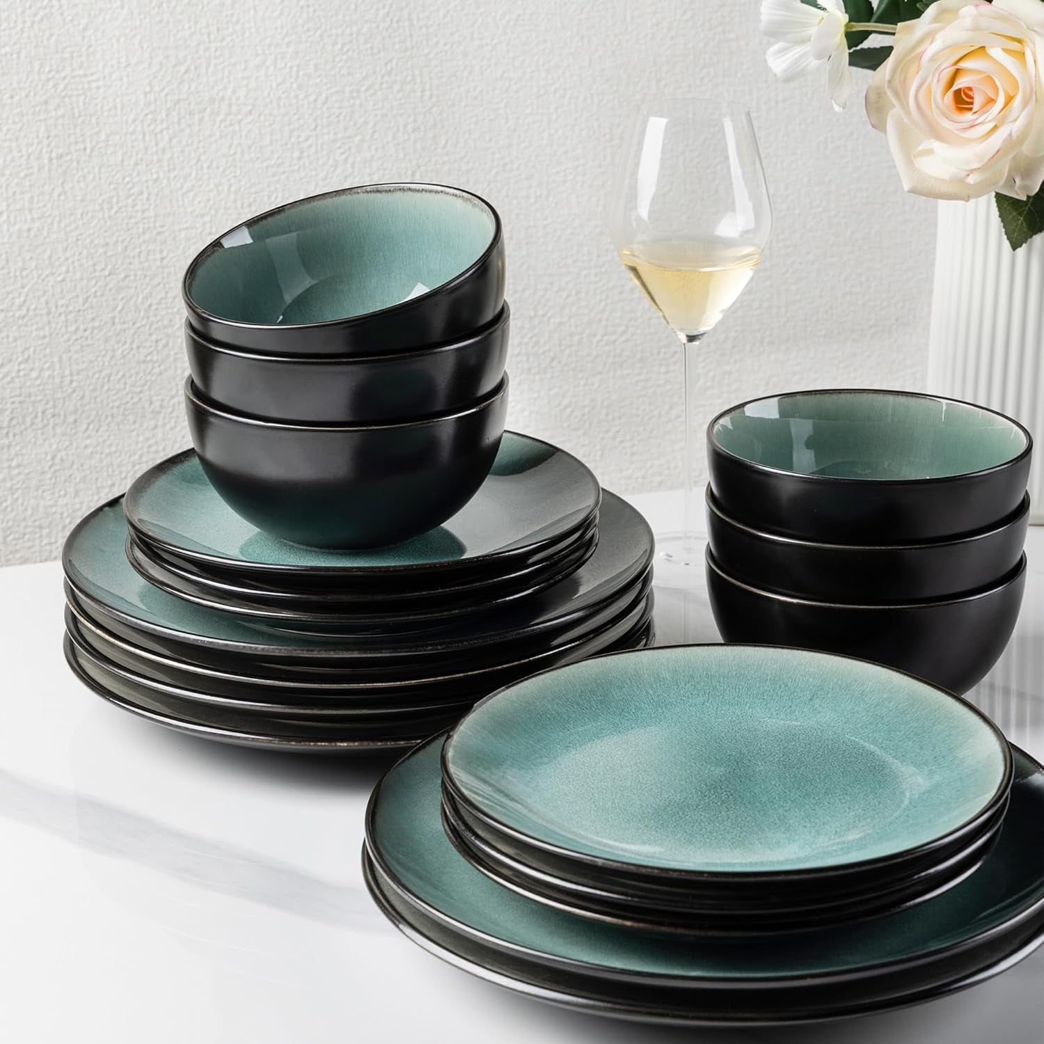 GBhome Service de table en porcelaine pour 4 personnes, 12 pièces, vernis réactif, fait à la main, passe au micro-ondes et au lave-vaisselle, ensemble de bols et d'assiettes, couleur essence GDW025WB-EU