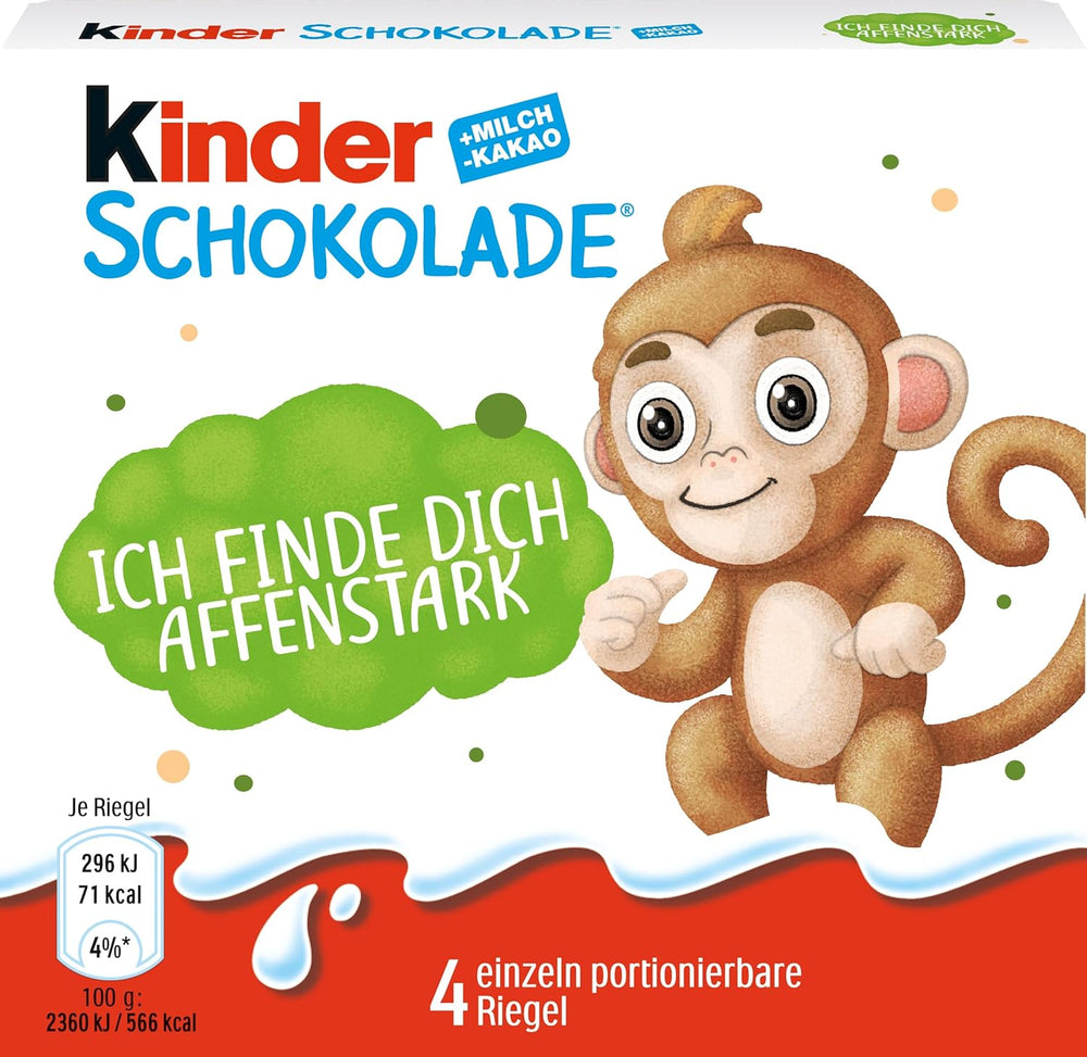 Kinder Chocolate (20 x 50 g) – Cadeau de Saint-Valentin pour elle et lui, bonbons Carnaval et Mardi Gras – Barres de chocolat au lait fourrées – 20 paquets de 4 barres individuelles chacune