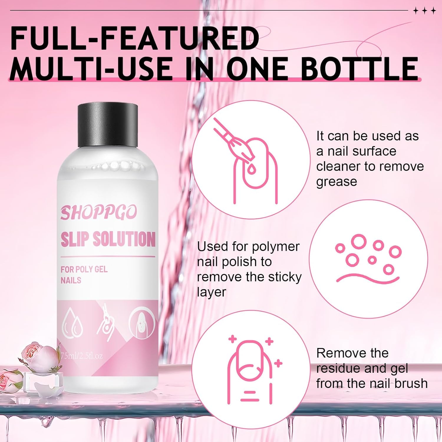 Soluție de unghii Polygel, Kit pentru unghii Poly Gel Slip Solution, Soluții lichide pentru unghii Polygel 75 ml, 5 cleme pentru vârfuri de unghii, 3 perii de unghii, 1 cupă de cristal, 100 foi de curățare
