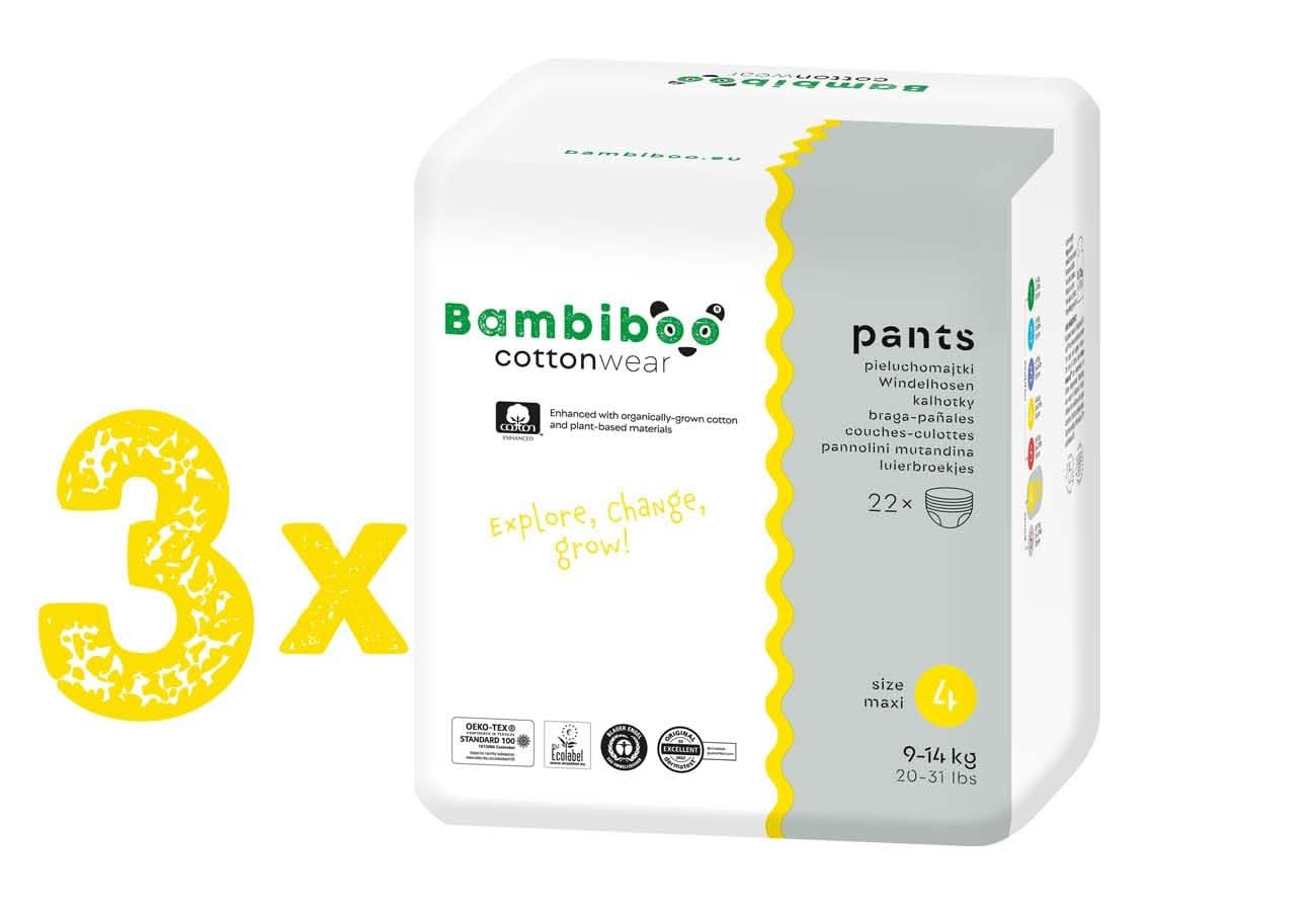 Bambiboo Scutece pentru copii - COTTONWEAR - Scutece de unică folosință pentru copii din bumbac organic și țesături pe bază de plante cu buric decupat Mama si Copilul Naty Shop Pantaloni pentru scutece, mărimea 4, 66 bucăți