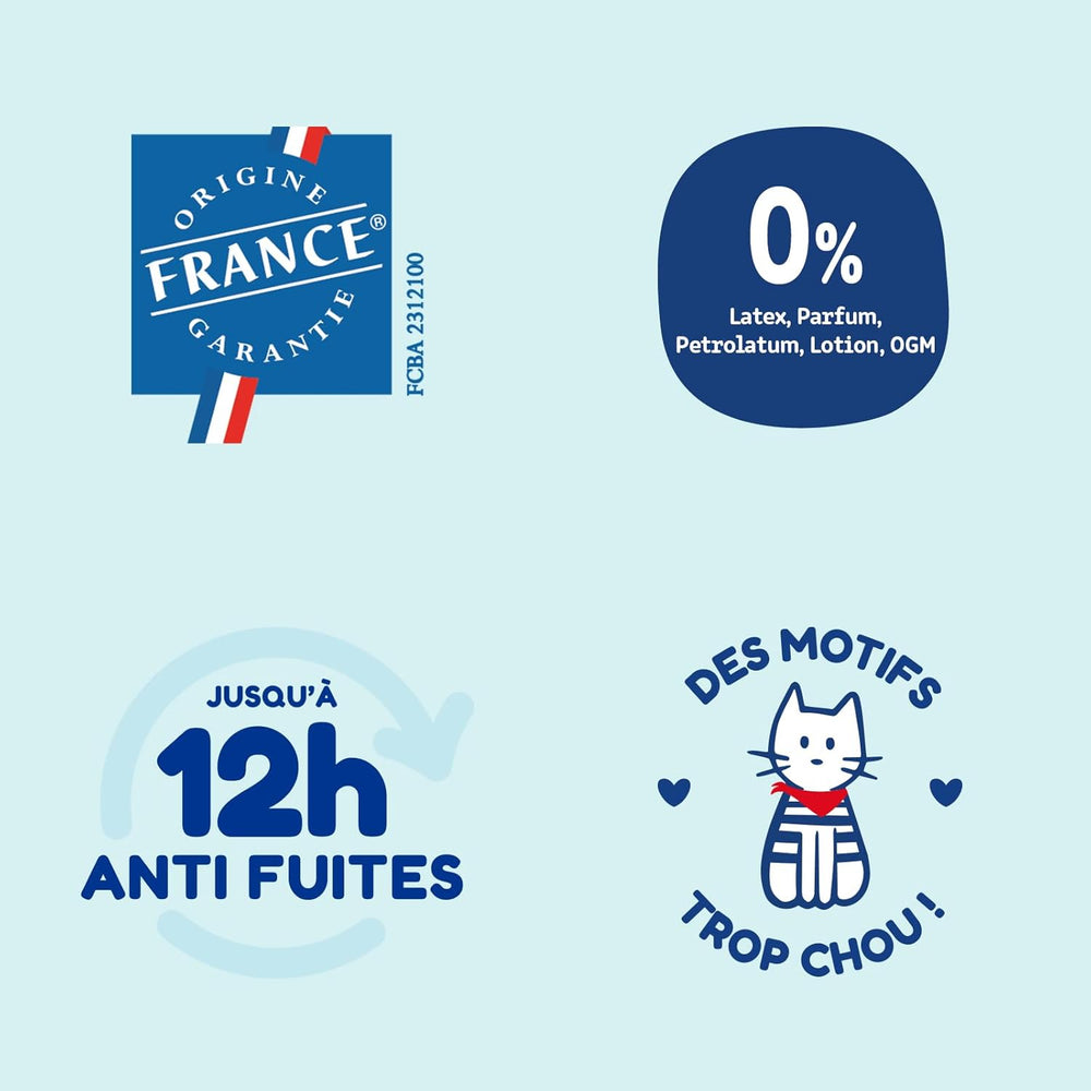 - Couche taille 1 (2-5 kg) – saine et extrêmement absorbante – étanche 12 heures – ohne unerwünschte Substanzen – fabriquée en France – prix abordable – 120 couches jetables