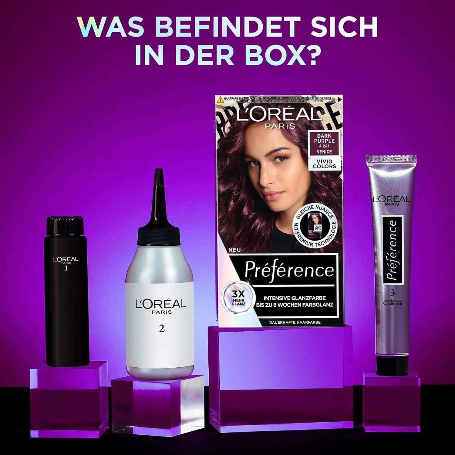 L'Oréal Paris Intensive permanent hair color, Până la 8 săptămâni de păr strălucitor și culoare intensă, Préférence Vivid Colors, Culoare: 4.261 DARK PURPLE, 1 buc (pachet de 2) Vopsea pentru par Naty Shop