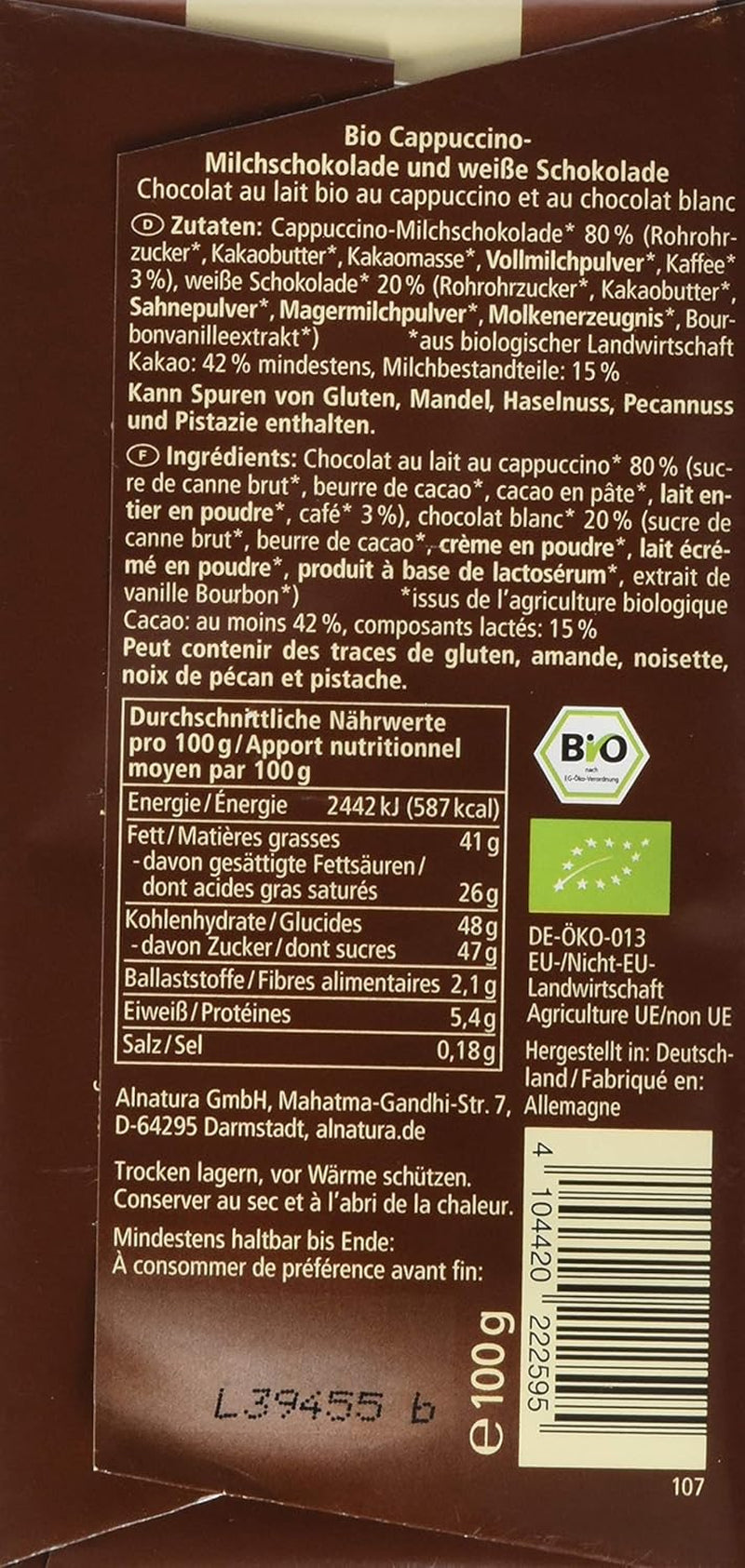 Chocolat bio fourré au cappuccino, 100g