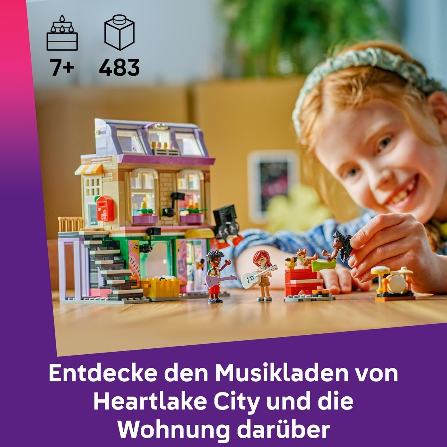 LEGO Friends Musikladen & Wohnung - Spielzeug mit 3 Mini-Puppen, Einer Corgi Tierfigur und Musikinstrumenten wie Klavier, Schlagzeug, Gitarren & Zubehör - Geschenk für Mädchen ab 7 Jahren - 42653