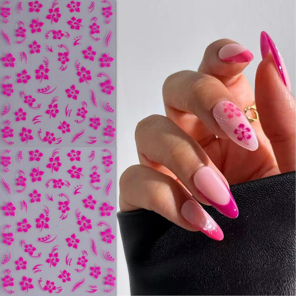 8 pièces Hibiskus Nagelsticker, 3D Selbstklebende Blumen Nagelaufkleber, Weiß Rosa Gelb Magenta Sommer Neonail Sticker, Nail Art Zubehör Nagel Deko Für Frauen
