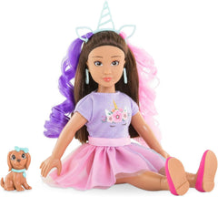 Corolle Girls Luna Einhorn Set, Ankleidepuppe mit Hund, Unicorn-Haarreif, Ohrringe und extra Inlineskates, Vanilleduft, 28cm, ab 4 Jahren