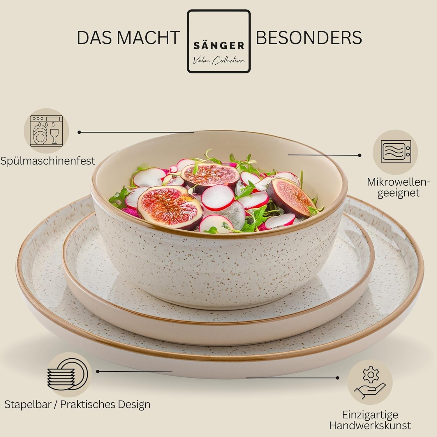 SÄNGER Rio Crème | Service de table en grès 18 pièces pour 6 personnes, comprenant 6 assiettes plates, 6 assiettes à dessert et 6 bols | LA COLLECTION VALEUR