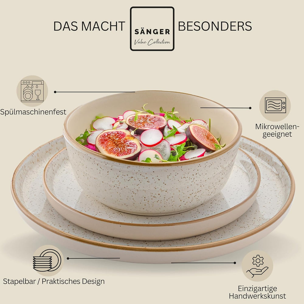 SÄNGER Rio Crème | Service de table en grès 18 pièces pour 6 personnes, comprenant 6 assiettes plates, 6 assiettes à dessert et 6 bols | LA COLLECTION VALEUR