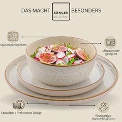 SÄNGER Rio Crème | Service de table en grès 18 pièces pour 6 personnes, comprenant 6 assiettes plates, 6 assiettes à dessert et 6 bols | LA COLLECTION VALEUR