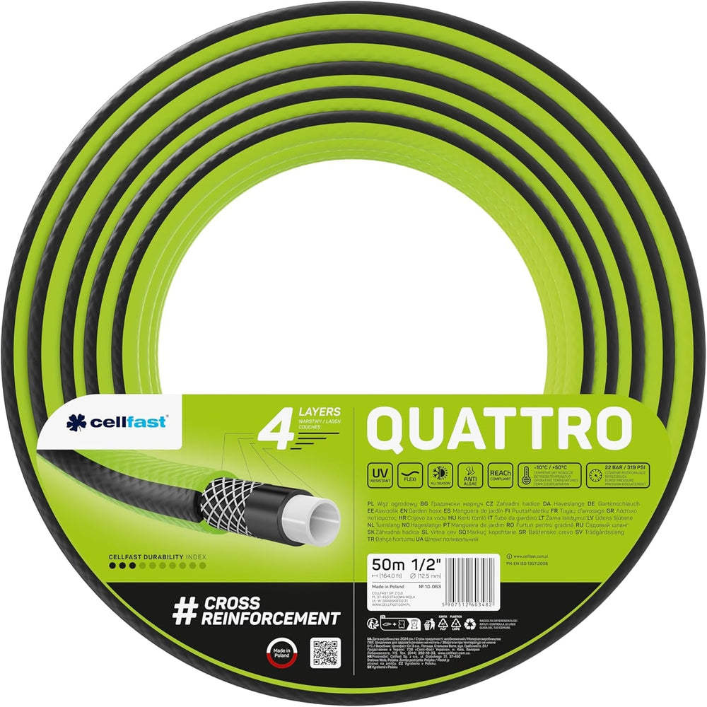 Cellfast QUATTRO Tuyau d'arrosage durable et léger, 4 plis, résistant aux UV, tresse croisée, 20 bars, 3/4" 15 m 10-074