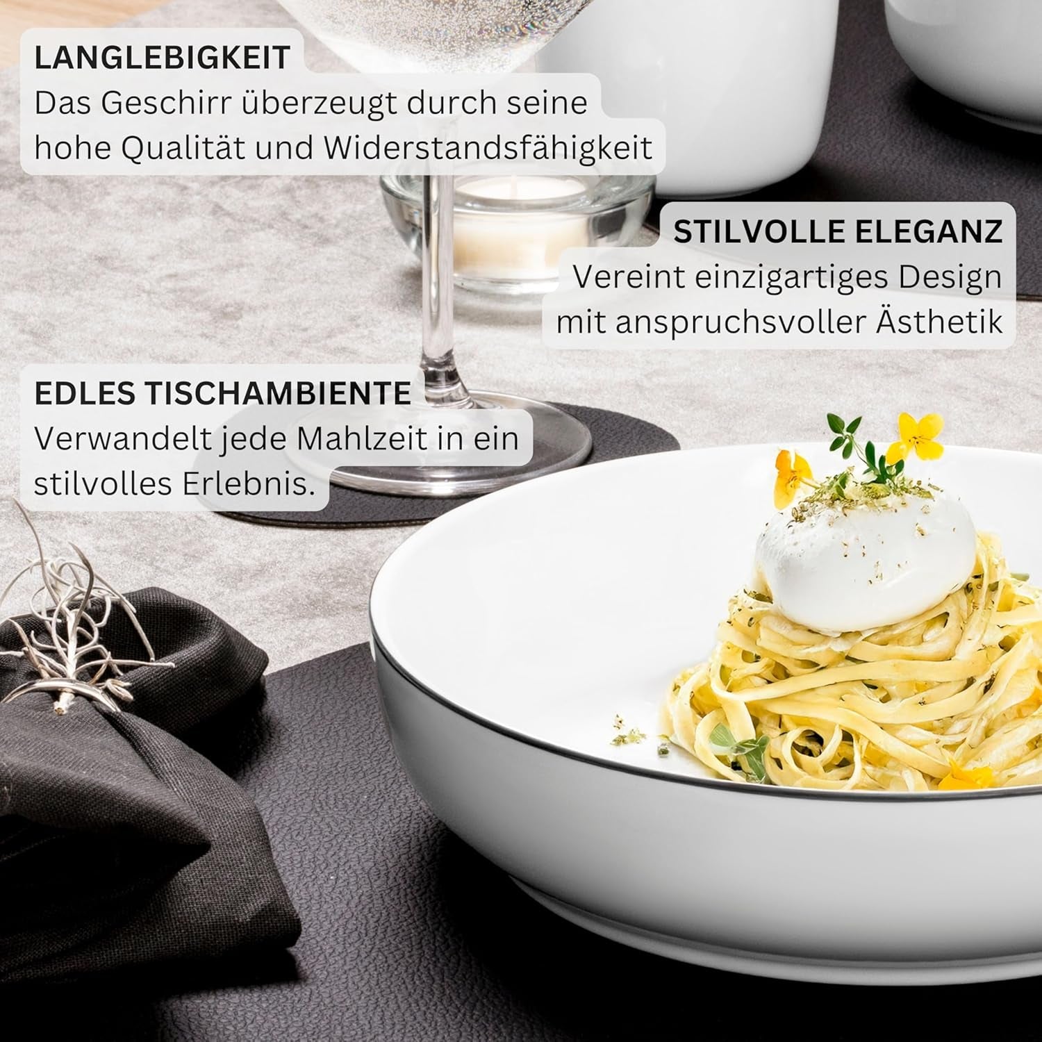SANGER | Marlo Service de table à bords noirs et blancs, service de table 18 pièces en porcelaine pour 6 personnes, blanc avec accents noirs, assiettes plates, assiettes à dessert et bols, design moderne | LA COLLECTION PREMIUM