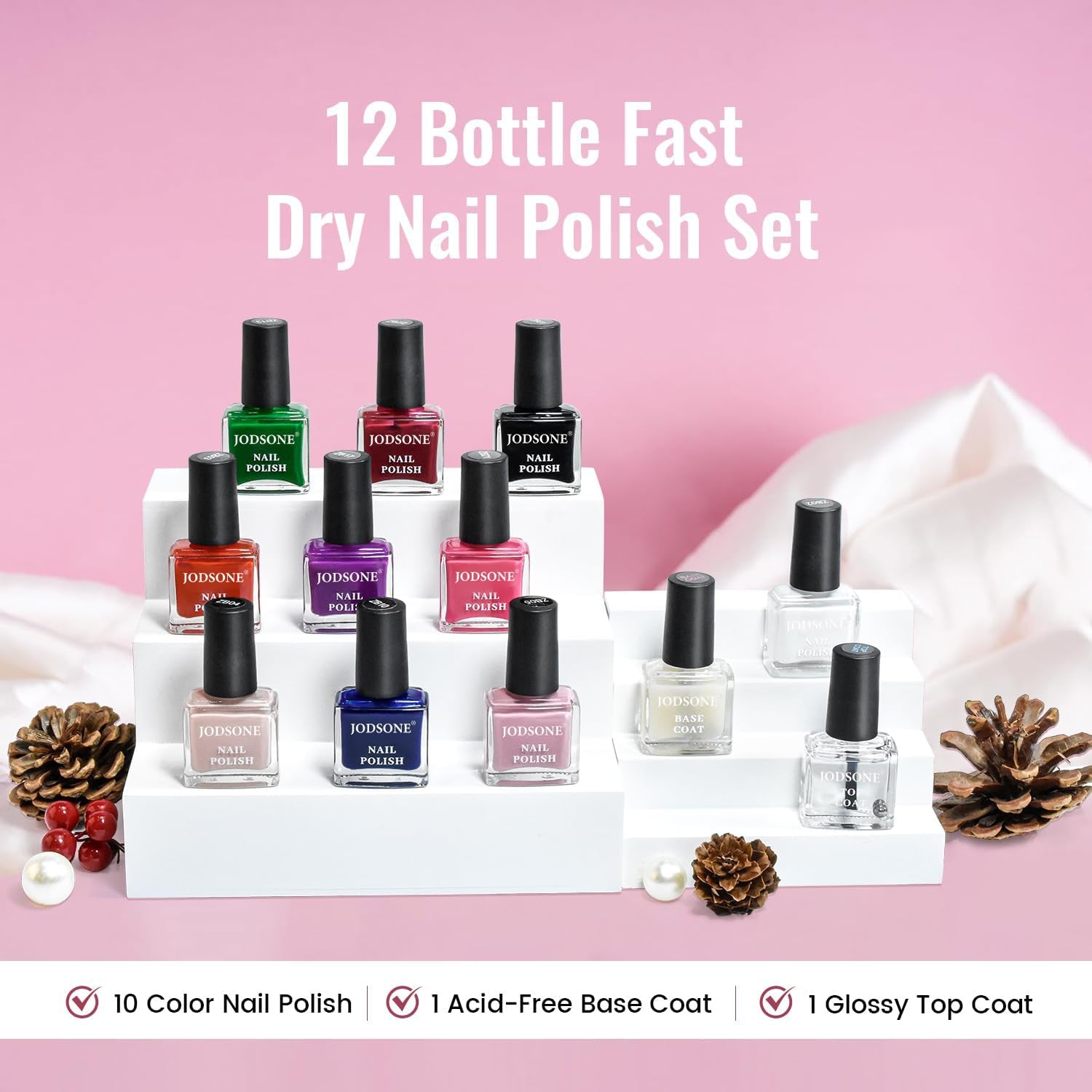 JODSONE Lot de 12 vernis à ongles 10 couleurs combinaison 2 couches de base et top coat Vernis à ongles à séchage rapide pour amateurs et débutants