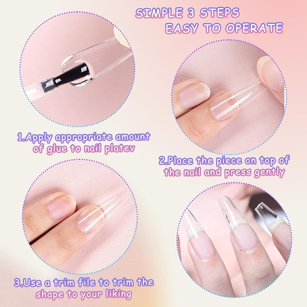 Faux Ongles Transparents Extra Longs 240 Pièces Demi-Couverture Faux Ongles Carrés Droits Faux Ongles Extensions d'Ongles Français pour Salons de Manucure et DIY Nail Art