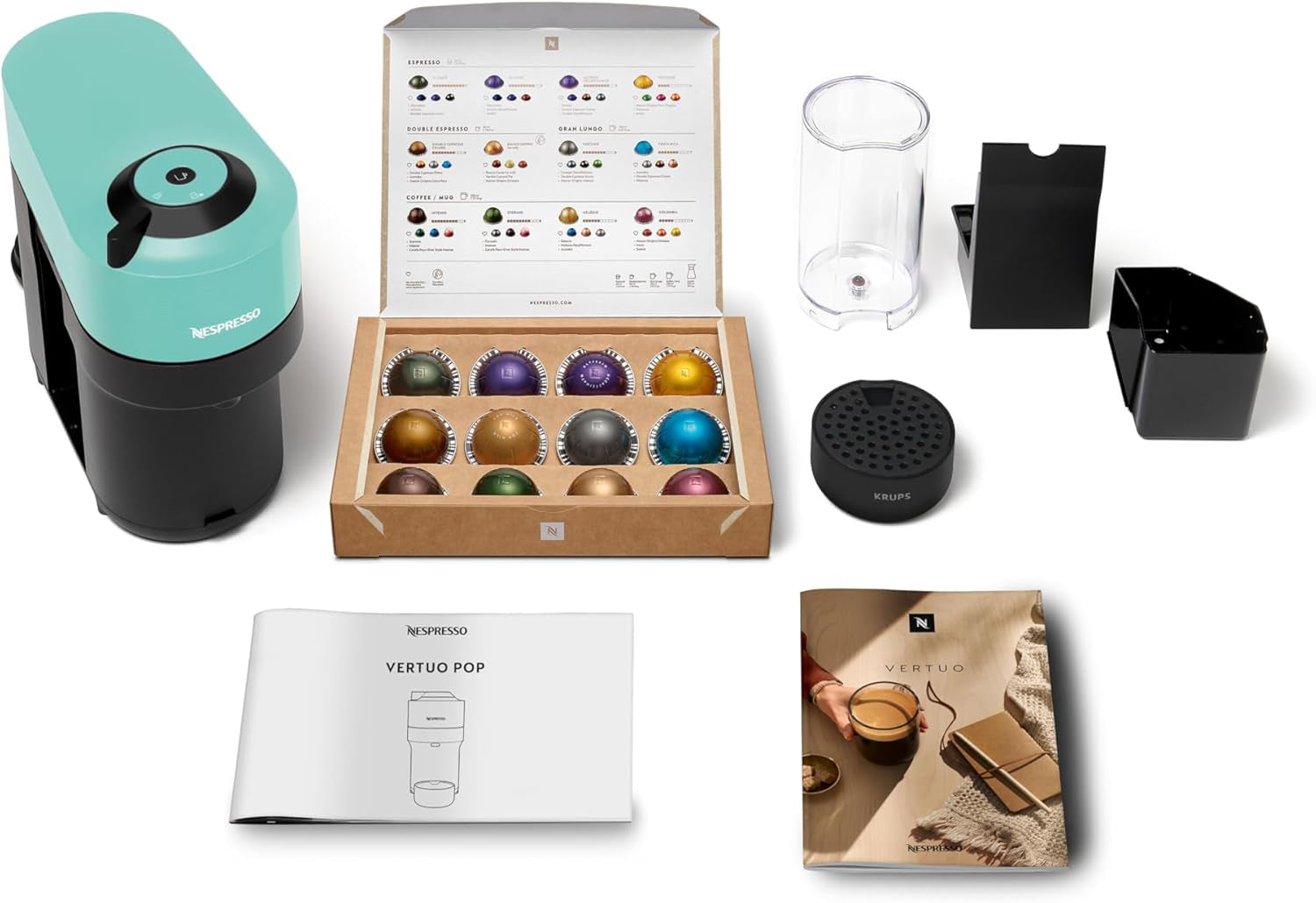 Machine à expresso avec capsules Nespresso Krups Vertuo Pop, capacité : 560 ml, reconnaissance automatique des capsules, système One Touch, 4 tailles de tasse, temps de chauffe raccourci, durable, Aqua Mint, XN9204
