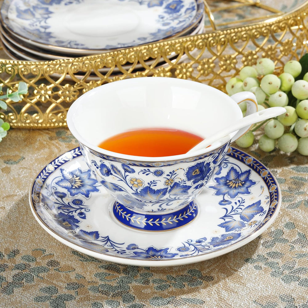 Fanquare – service à thé en porcelaine à fleurs bleues, avec support en métal, tasse à café et soucoupe en porcelaine Vintage, service à café anglais pour adultes