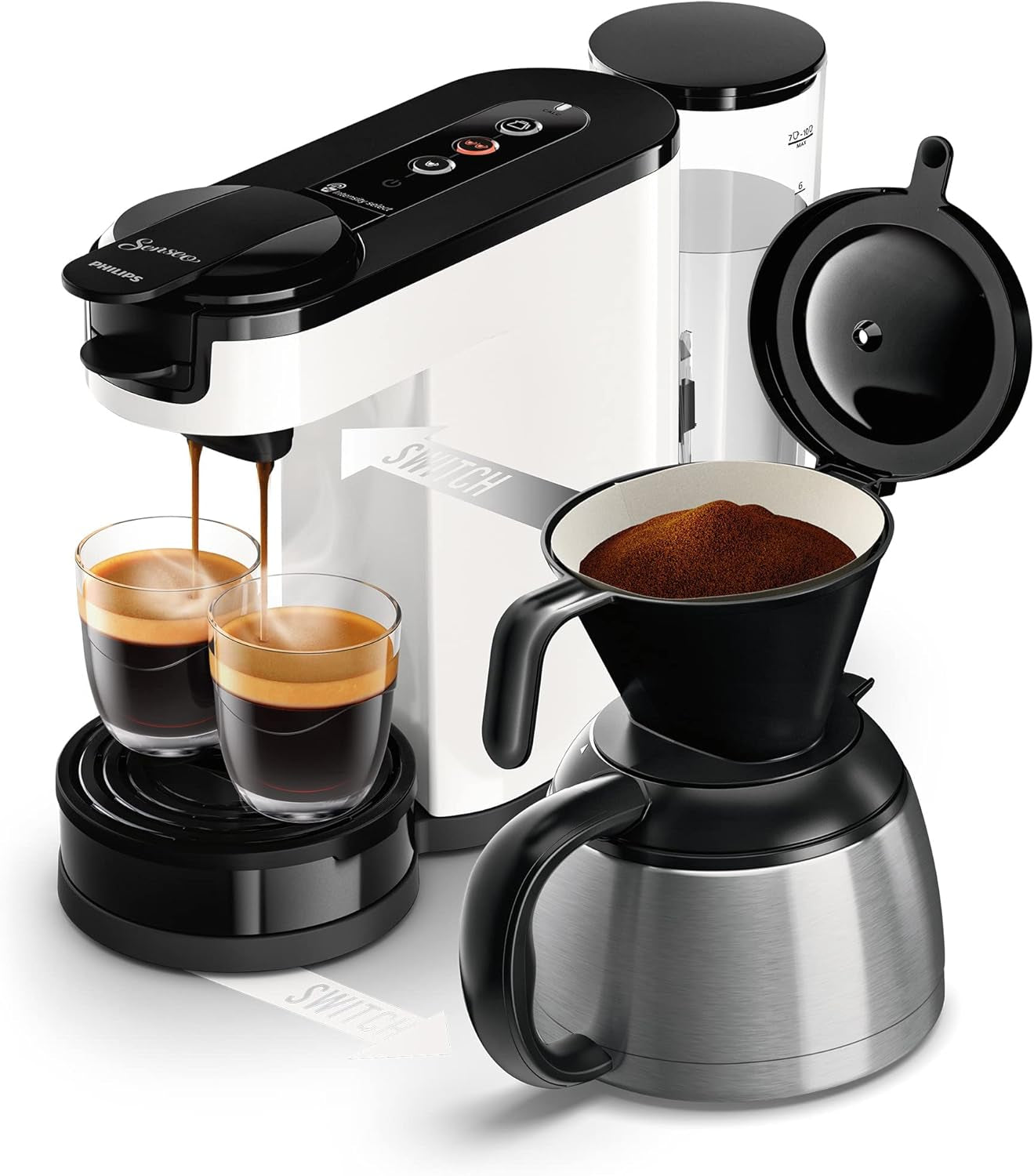 PHILIPS Senseo Switch Machine à expresso à filtre et à dosettes, technologie d'infusion 2 en 1, réservoir d'eau de 1 litre, 7 tasses en une seule infusion, noir piano (HD6592/64)