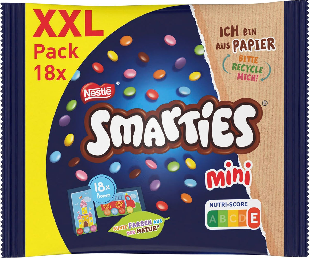 Pochettes Nestlé SMARTIES Mini XXL, lentilles colorées au chocolat, idéales à partager et à déguster en famille et entre amis, colorants naturels, emballage recyclable, 1 paquet (1 x 259g)
