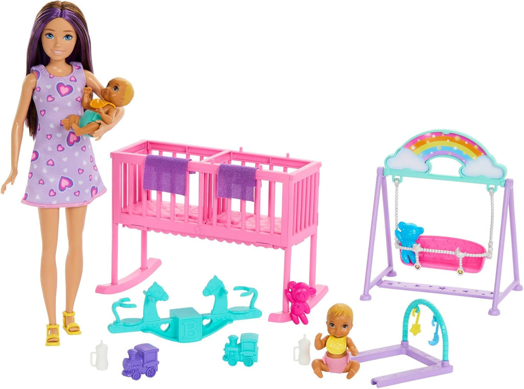 Păpușă Barbie Skipper și creșă cu accesorii, include păpuși gemene, 1 pătuț, 1 leagăn, 1 balansoar și multe altele, HXM99 Papusi Naty Shop Titlu implicit