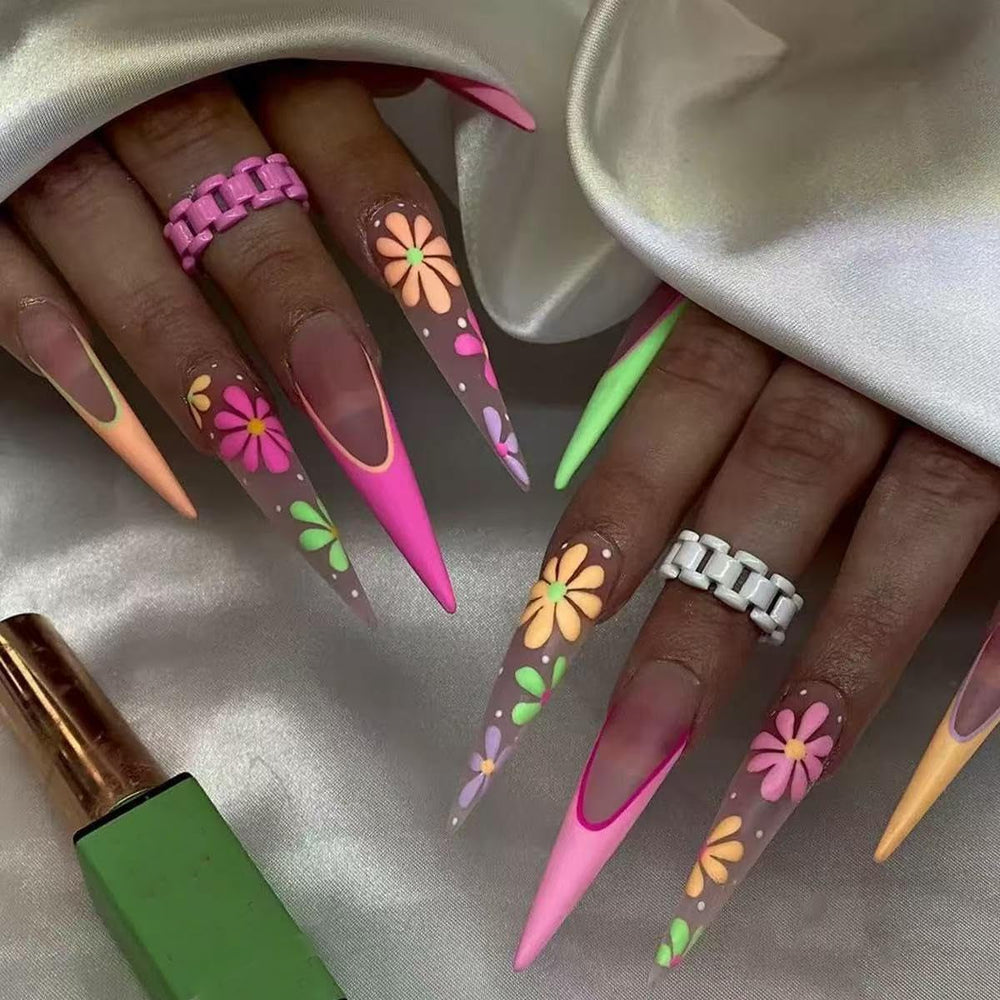 Moonglow longs ongles Stiletto laiteux blanc rose dégradé paillettes Cool faux ongles avec colle rose Ombre paillettes ongles artificiels