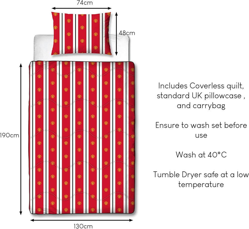 Manchester United FC Couette simple officielle réversible, rouge et blanc, sans housse, couette de football, taie d'oreiller, lavable, parfaite pour les voyages, les séjours d'une nuit, 10,5 Tog Couettes et couettes Naty Shop