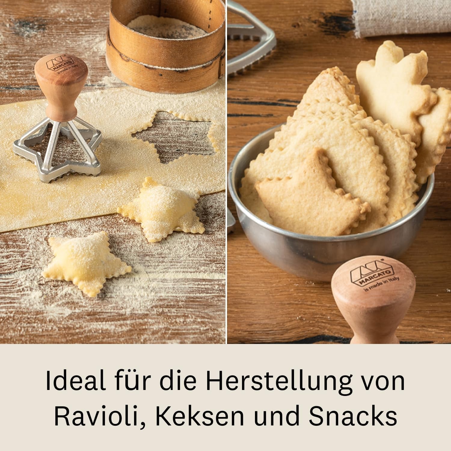 MARCATO Ensemble de moules à raviolis et biscuits, machine à raviolis, moule à biscuits, bois massif et fonte, fabriqué en Italie, forme étoile 65 mm + forme fleur 70 mm