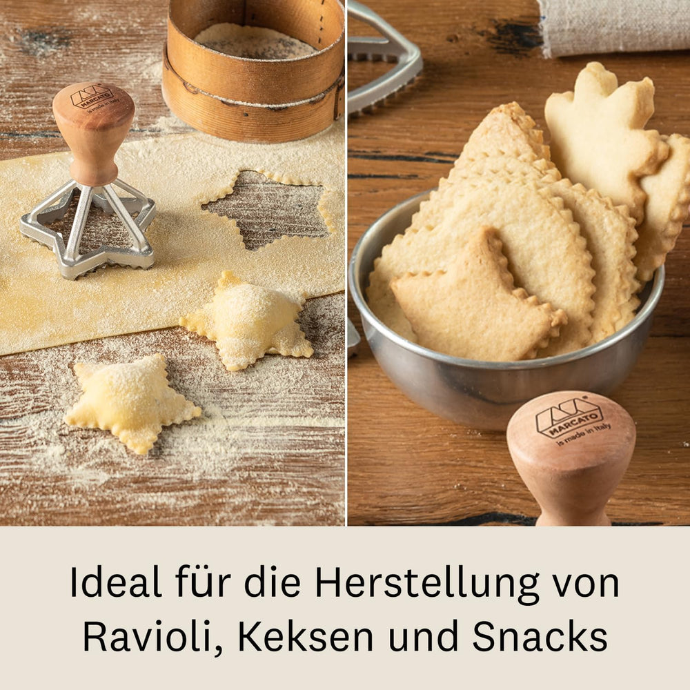MARCATO Ensemble de moules à raviolis et biscuits, machine à raviolis, moule à biscuits, bois massif et fonte, fabriqué en Italie, forme étoile 65 mm + forme fleur 70 mm
