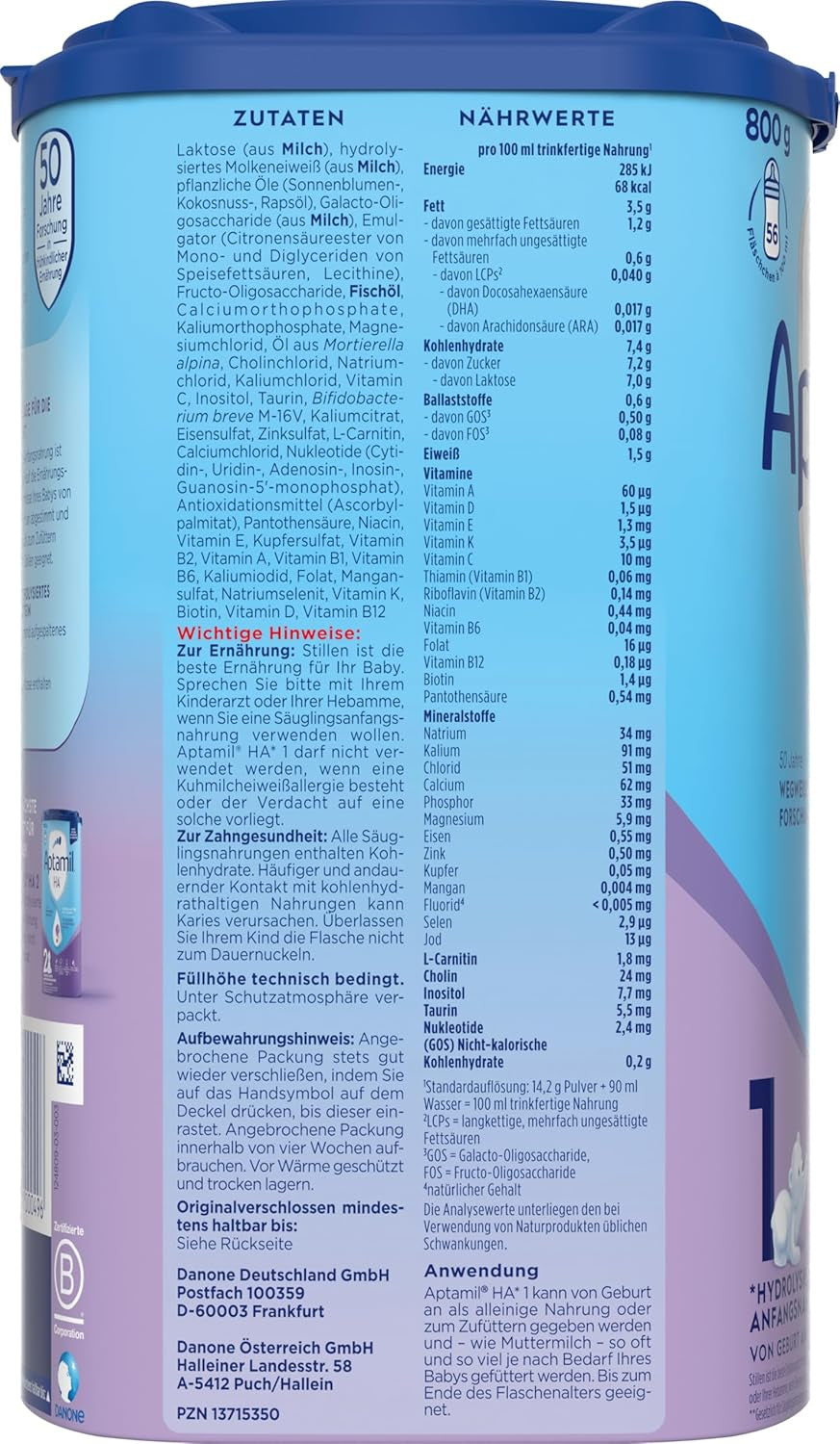 Aptamil HA 1 - Préparation pour nourrissons dès la naissance, avec DHA, sans lactose, sans huile de palme, nourriture pour bébé, lait en poudre, 1 x 800 g
